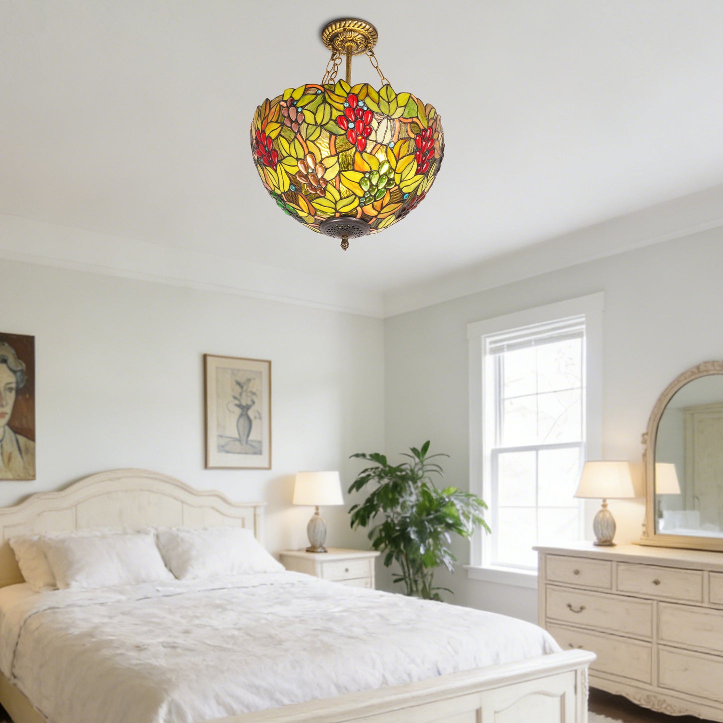 Colorful Grape & Leaf Pattern Stained Glass Chandelier, Glass & Iron Frame Ceiling Pendant Light with E26 Warm Bulbs Included