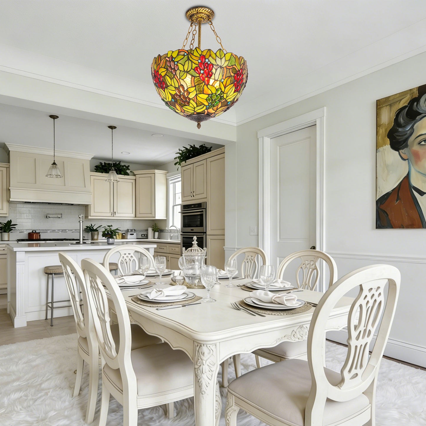 Colorful Grape & Leaf Pattern Stained Glass Chandelier, Glass & Iron Frame Ceiling Pendant Light with E26 Warm Bulbs Included