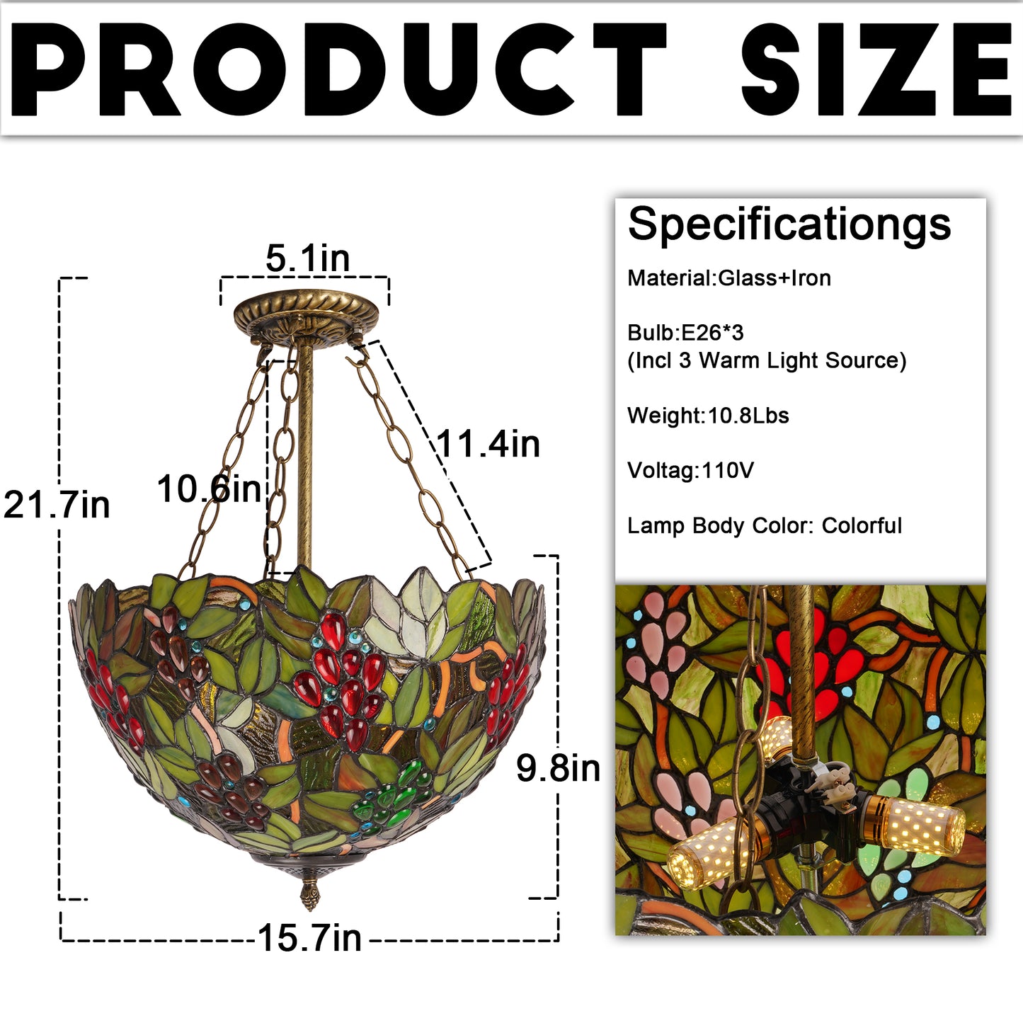 Colorful Grape & Leaf Pattern Stained Glass Chandelier, Glass & Iron Frame Ceiling Pendant Light with E26 Warm Bulbs Included