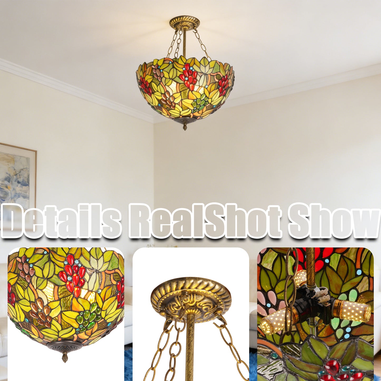 Colorful Grape & Leaf Pattern Stained Glass Chandelier, Glass & Iron Frame Ceiling Pendant Light with E26 Warm Bulbs Included