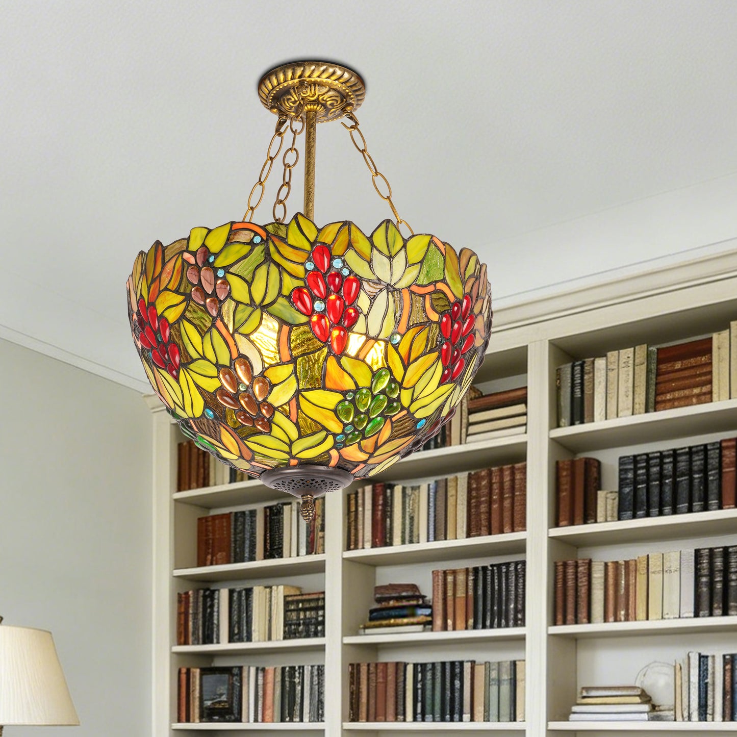Colorful Grape & Leaf Pattern Stained Glass Chandelier, Glass & Iron Frame Ceiling Pendant Light with E26 Warm Bulbs Included