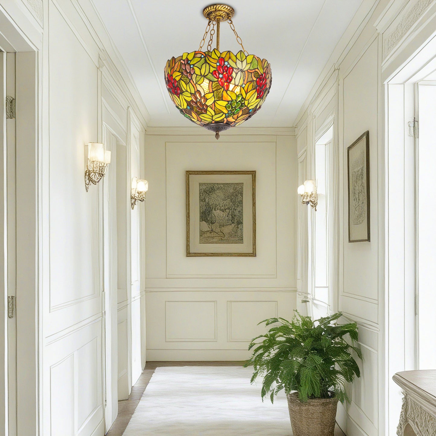 Colorful Grape & Leaf Pattern Stained Glass Chandelier, Glass & Iron Frame Ceiling Pendant Light with E26 Warm Bulbs Included