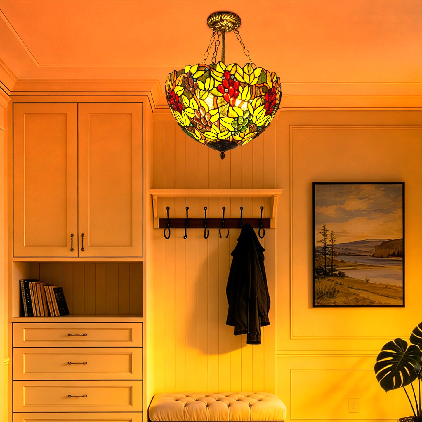 Colorful Grape & Leaf Pattern Stained Glass Chandelier, Glass & Iron Frame Ceiling Pendant Light with E26 Warm Bulbs Included