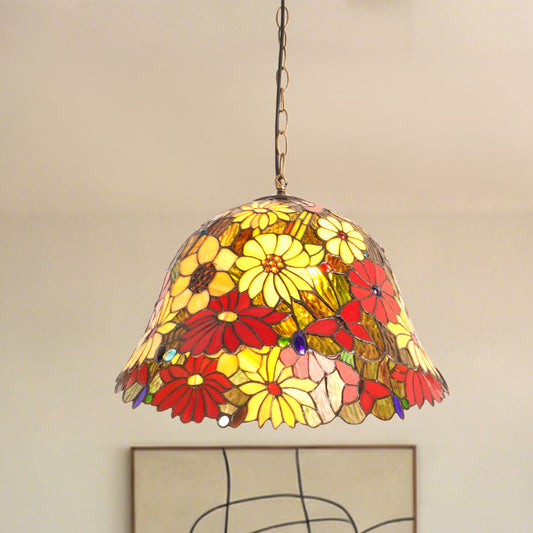 Floral Stained Glass Pendant Light - Colorful 2-Light E26 Pendant Lamp
