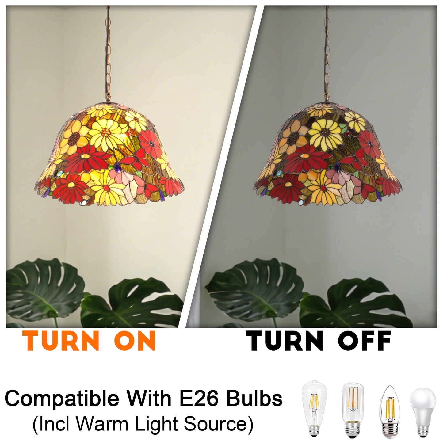 Floral Stained Glass Pendant Light - Colorful 2-Light E26 Pendant Lamp