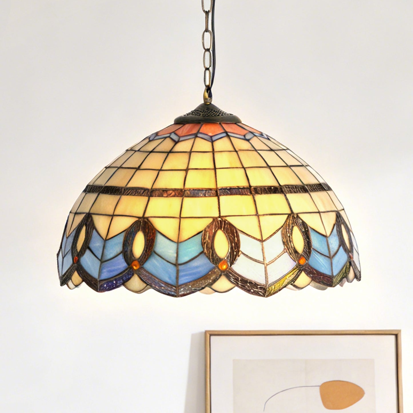 Geometric Stained Glass Pendant Light - Beige & Blue 1-Light E26 Pendant Lamp
