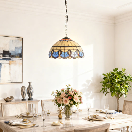 Geometric Stained Glass Pendant Light - Beige & Blue 1-Light E26 Pendant Lamp