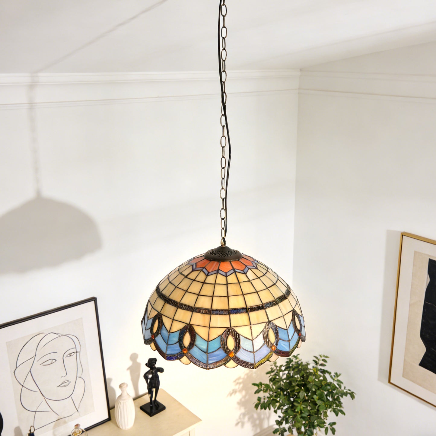 Geometric Stained Glass Pendant Light - Beige & Blue 1-Light E26 Pendant Lamp