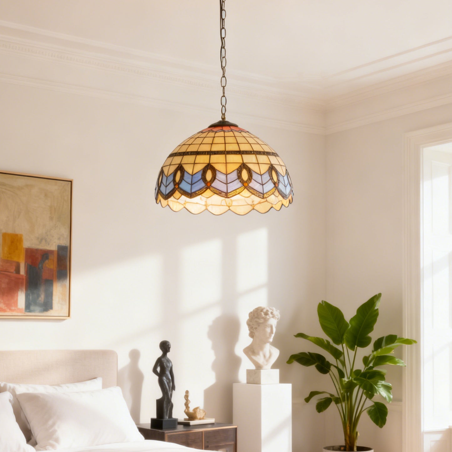 Geometric Stained Glass Pendant Light - Beige & Blue 1-Light E26 Pendant Lamp