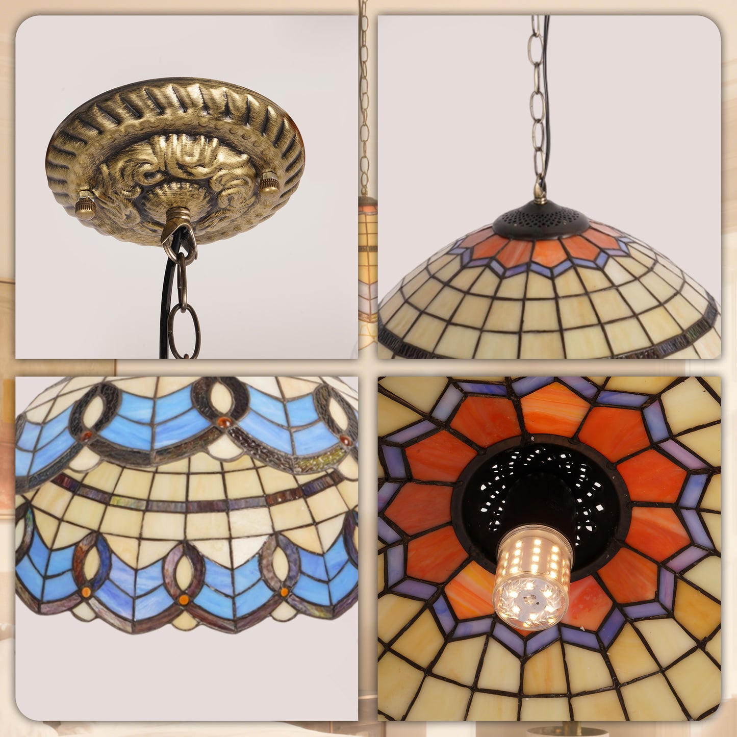 Geometric Stained Glass Pendant Light - Beige & Blue 1-Light E26 Pendant Lamp
