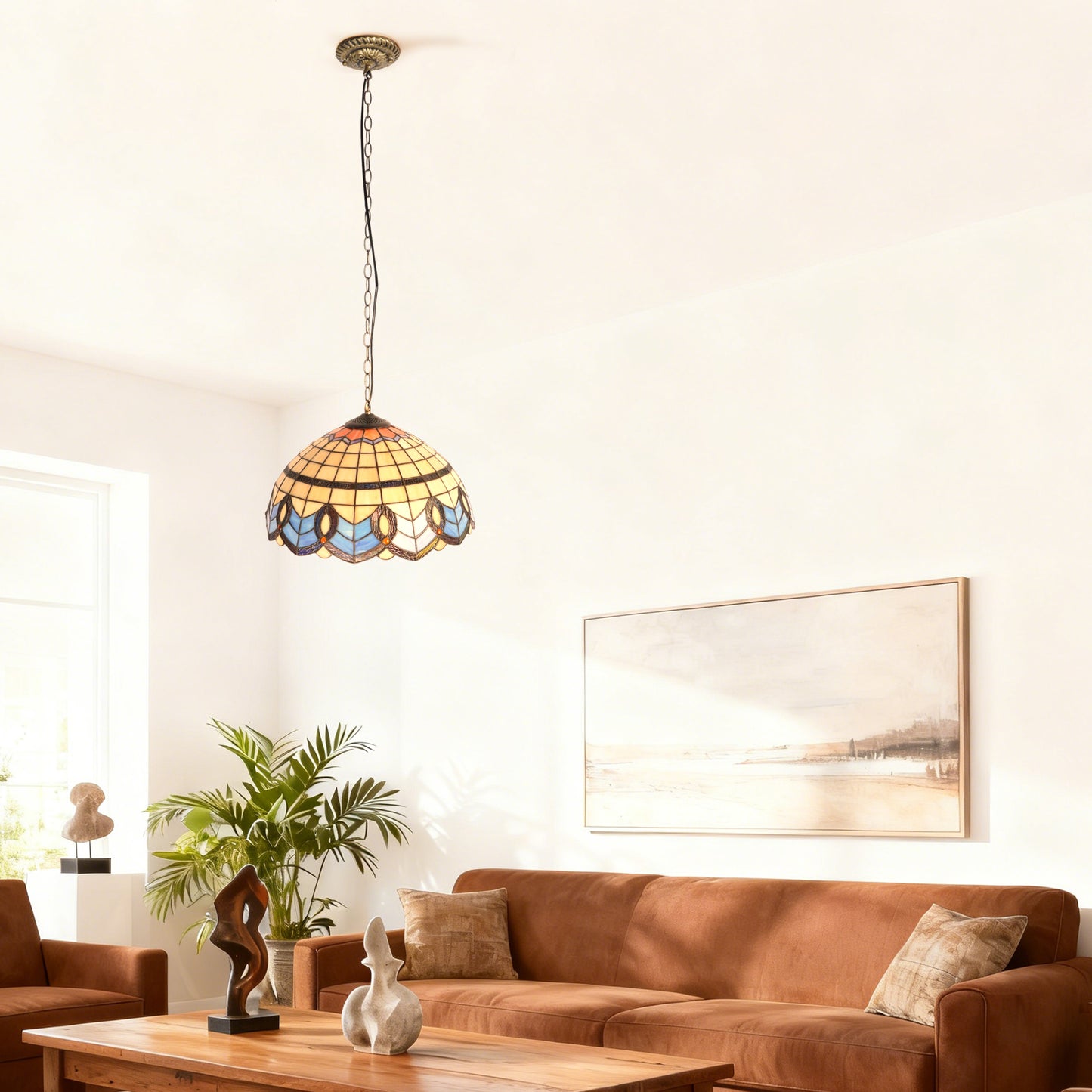 Geometric Stained Glass Pendant Light - Beige & Blue 1-Light E26 Pendant Lamp