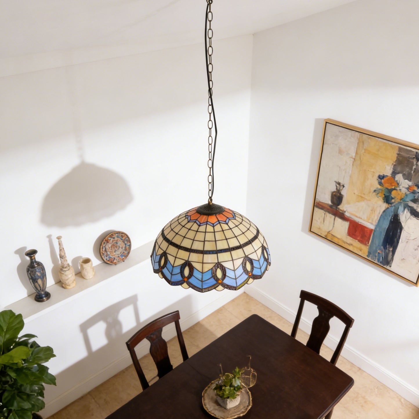 Geometric Stained Glass Pendant Light - Beige & Blue 1-Light E26 Pendant Lamp