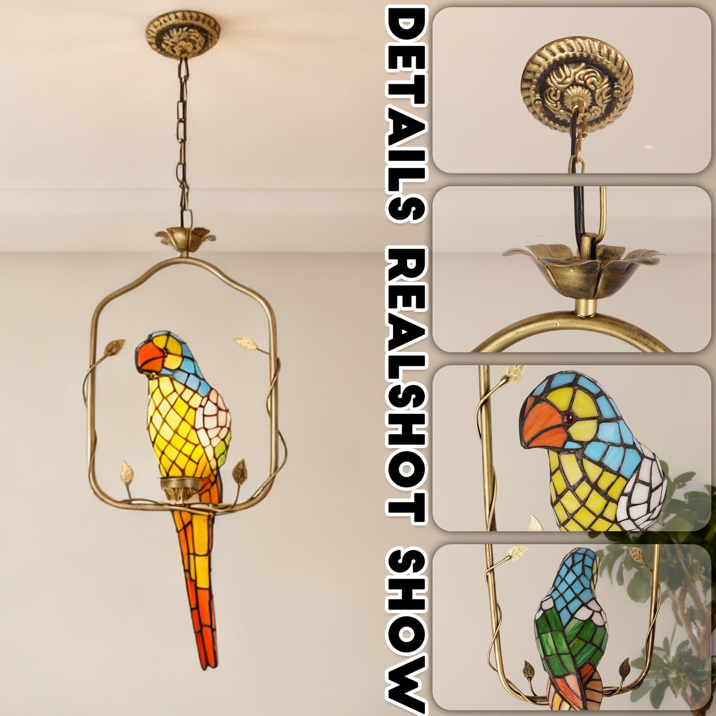 Parrot Stained Glass Pendant Light - Antique Bronze 1-Light E26 Pendant Lamp