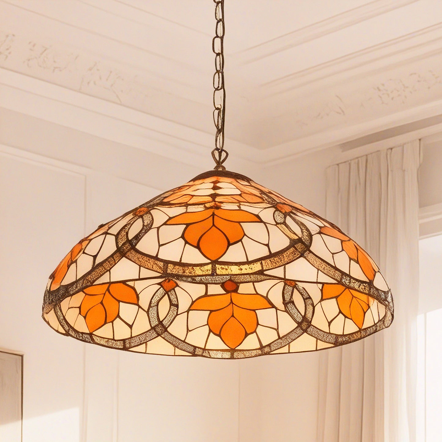 Orange Leaf Stained Glass Pendant Light - Antique Bronze Adjustable 1-Light E26 Lamp Bulb Not Included