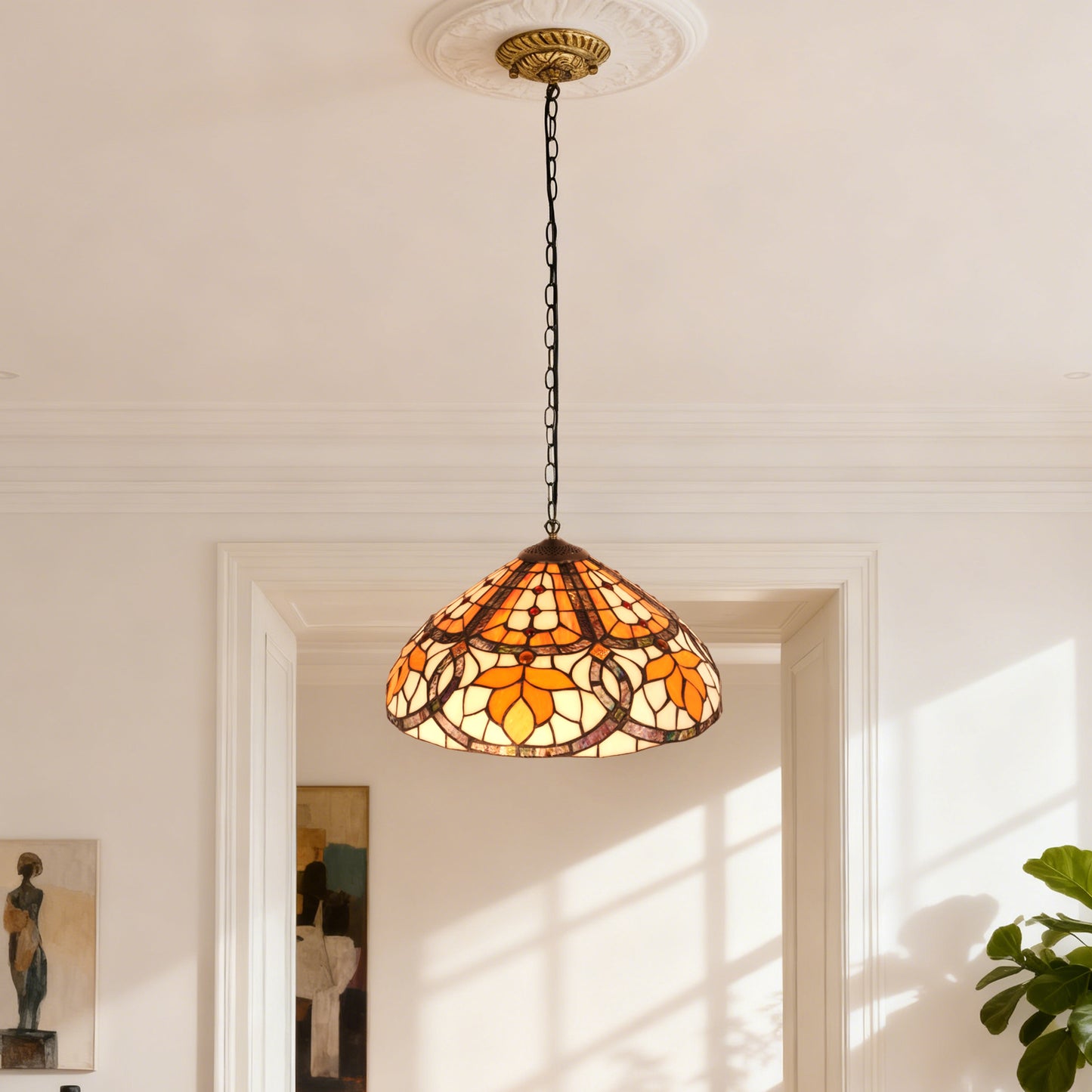 Orange Leaf Stained Glass Pendant Light - Antique Bronze Adjustable 1-Light E26 Lamp Bulb Not Included