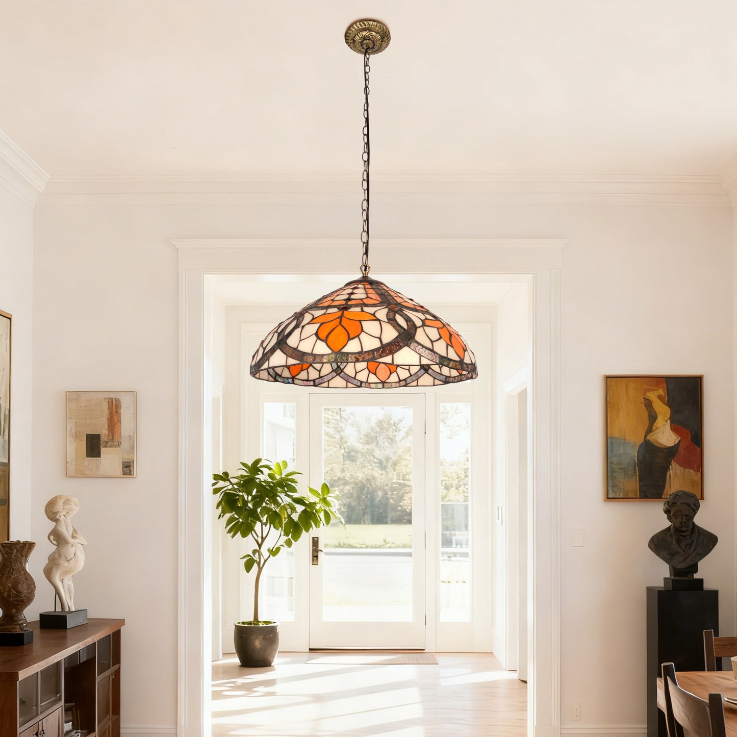 Orange Leaf Stained Glass Pendant Light - Antique Bronze Adjustable 1-Light E26 Lamp Bulb Not Included