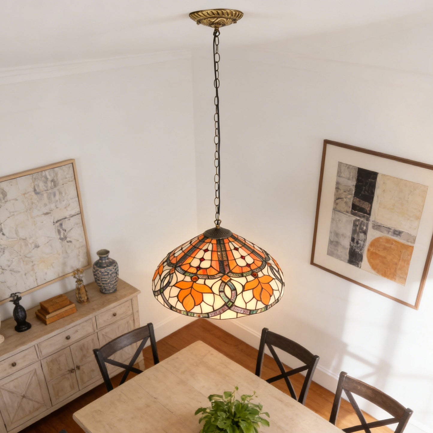 Orange Leaf Stained Glass Pendant Light - Antique Bronze Adjustable 1-Light E26 Lamp Bulb Not Included