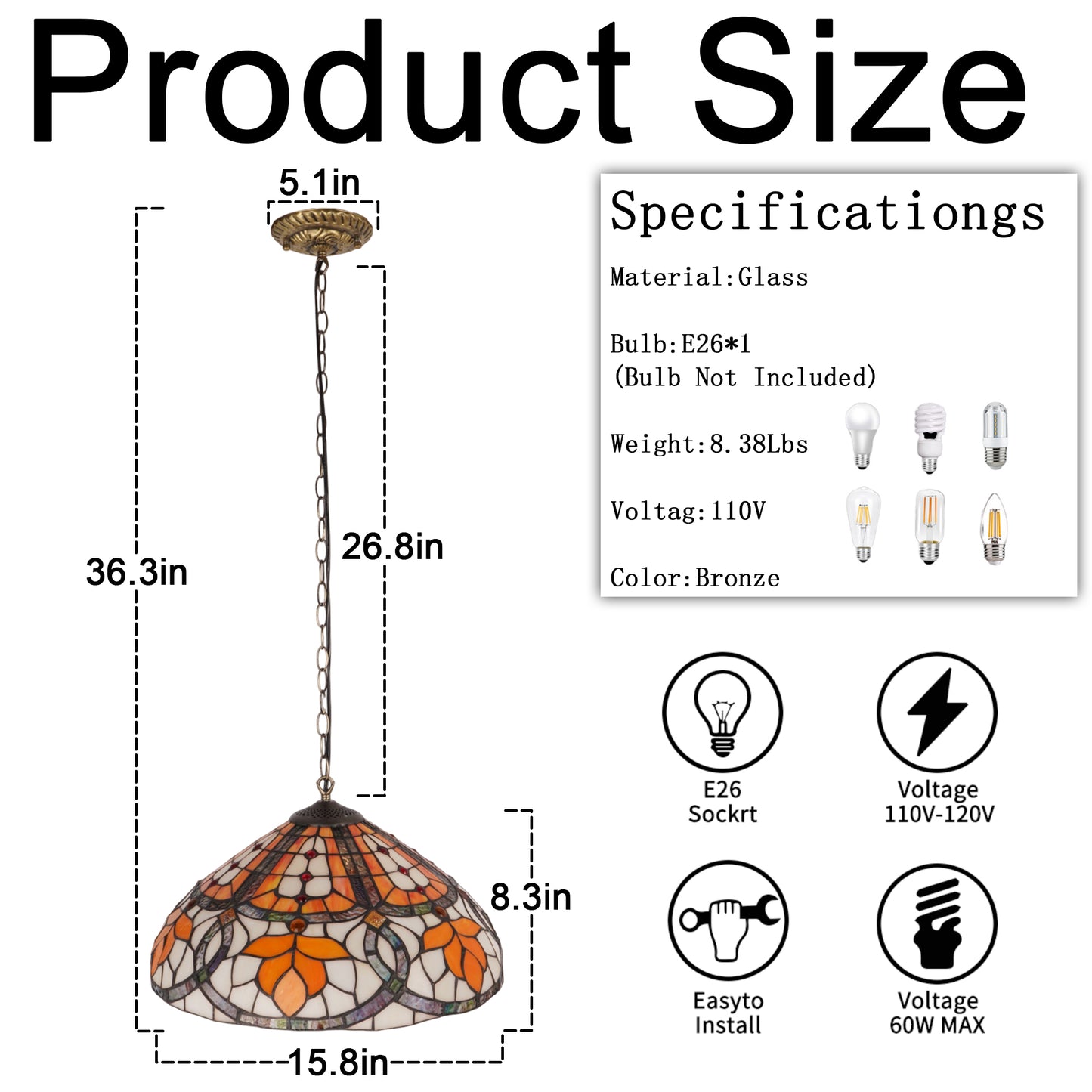 Orange Leaf Stained Glass Pendant Light - Antique Bronze Adjustable 1-Light E26 Lamp Bulb Not Included