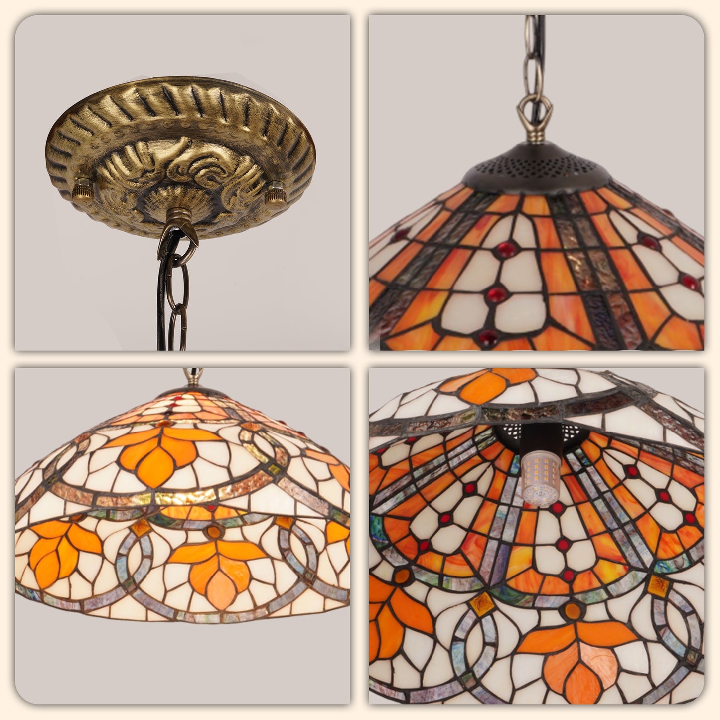 Orange Leaf Stained Glass Pendant Light - Antique Bronze Adjustable 1-Light E26 Lamp Bulb Not Included