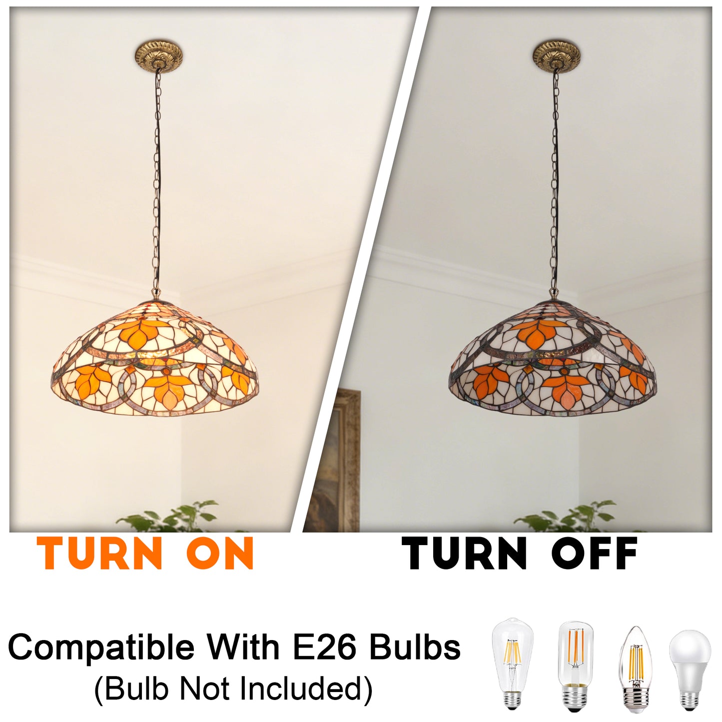 Orange Leaf Stained Glass Pendant Light - Antique Bronze Adjustable 1-Light E26 Lamp Bulb Not Included