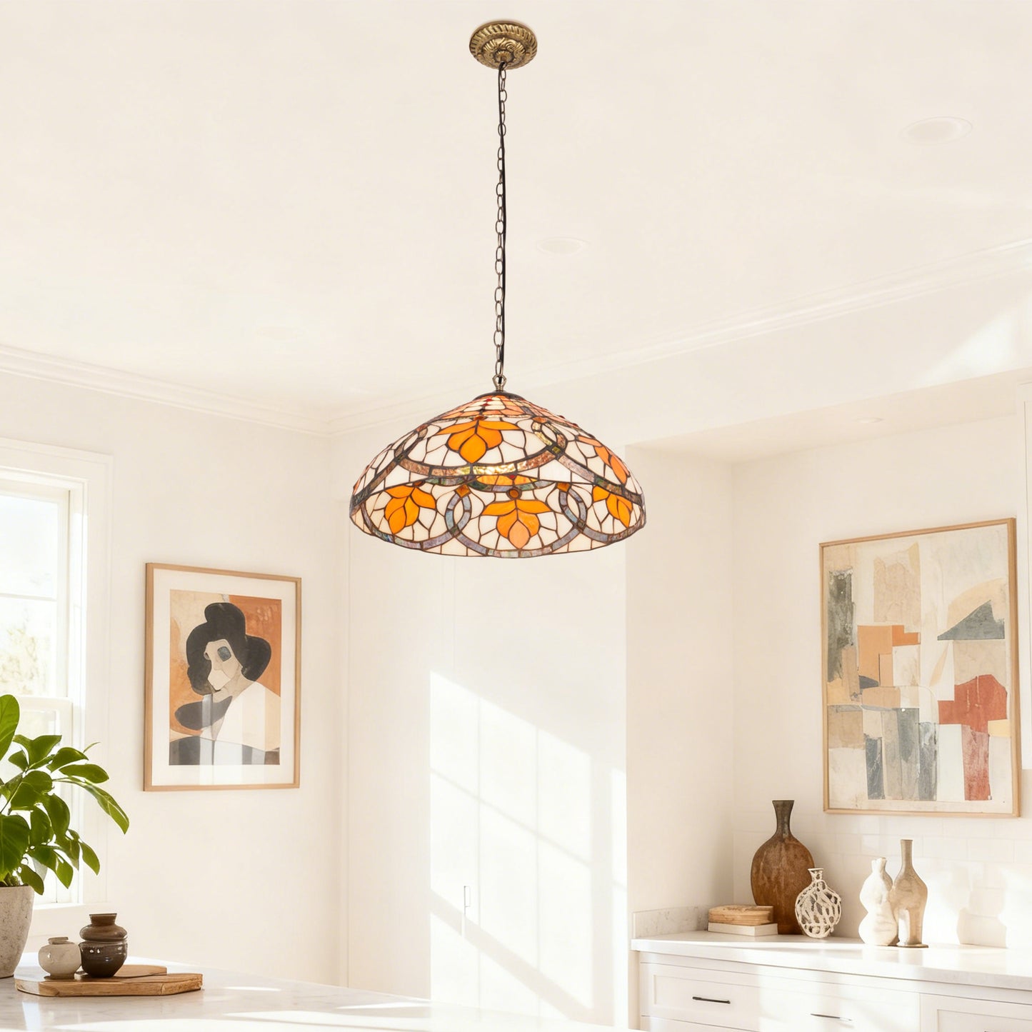 Orange Leaf Stained Glass Pendant Light - Antique Bronze Adjustable 1-Light E26 Lamp Bulb Not Included