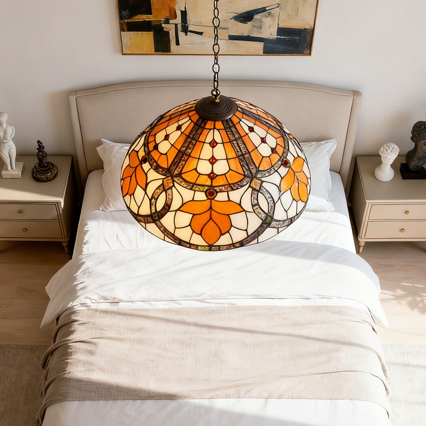 Orange Leaf Stained Glass Pendant Light - Antique Bronze Adjustable 1-Light E26 Lamp Bulb Not Included