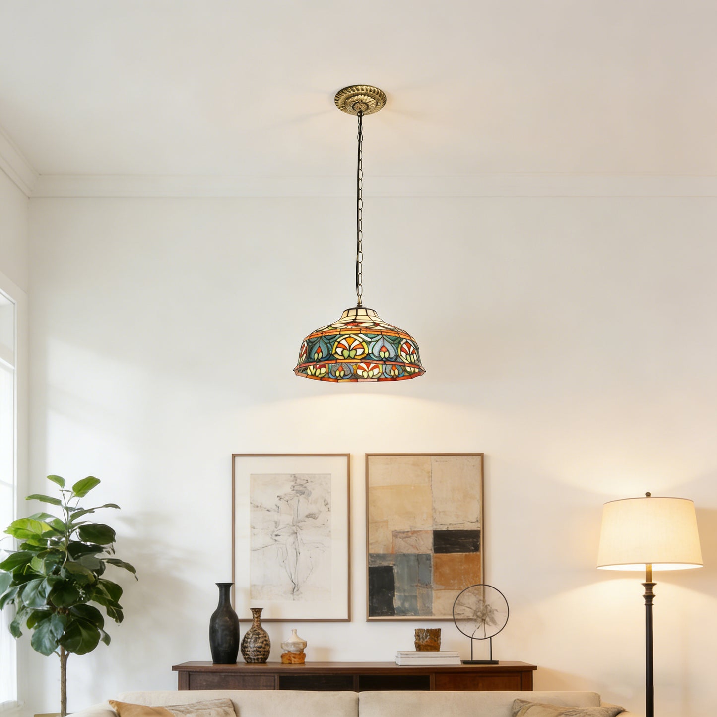 Colorful Geometric Stained Glass Pendant Light - Antique Bronze Adjustable 1-Light E26 Lamp Bulb Not Included