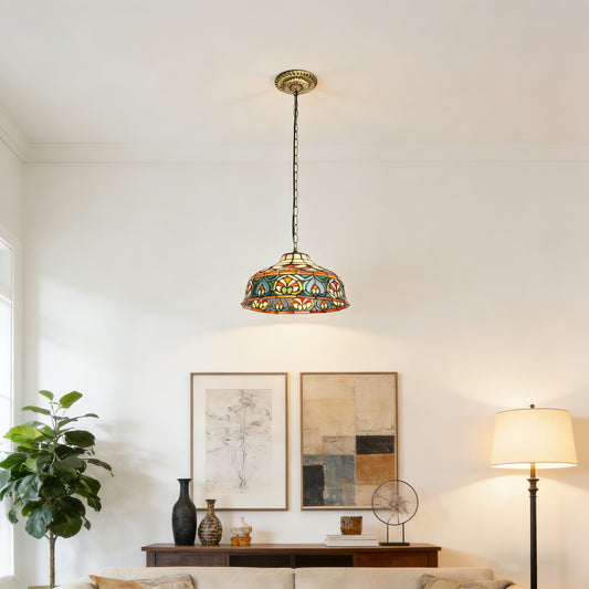 Colorful Geometric Stained Glass Pendant Light - Antique Bronze Adjustable 1-Light E26 Lamp Bulb Not Included
