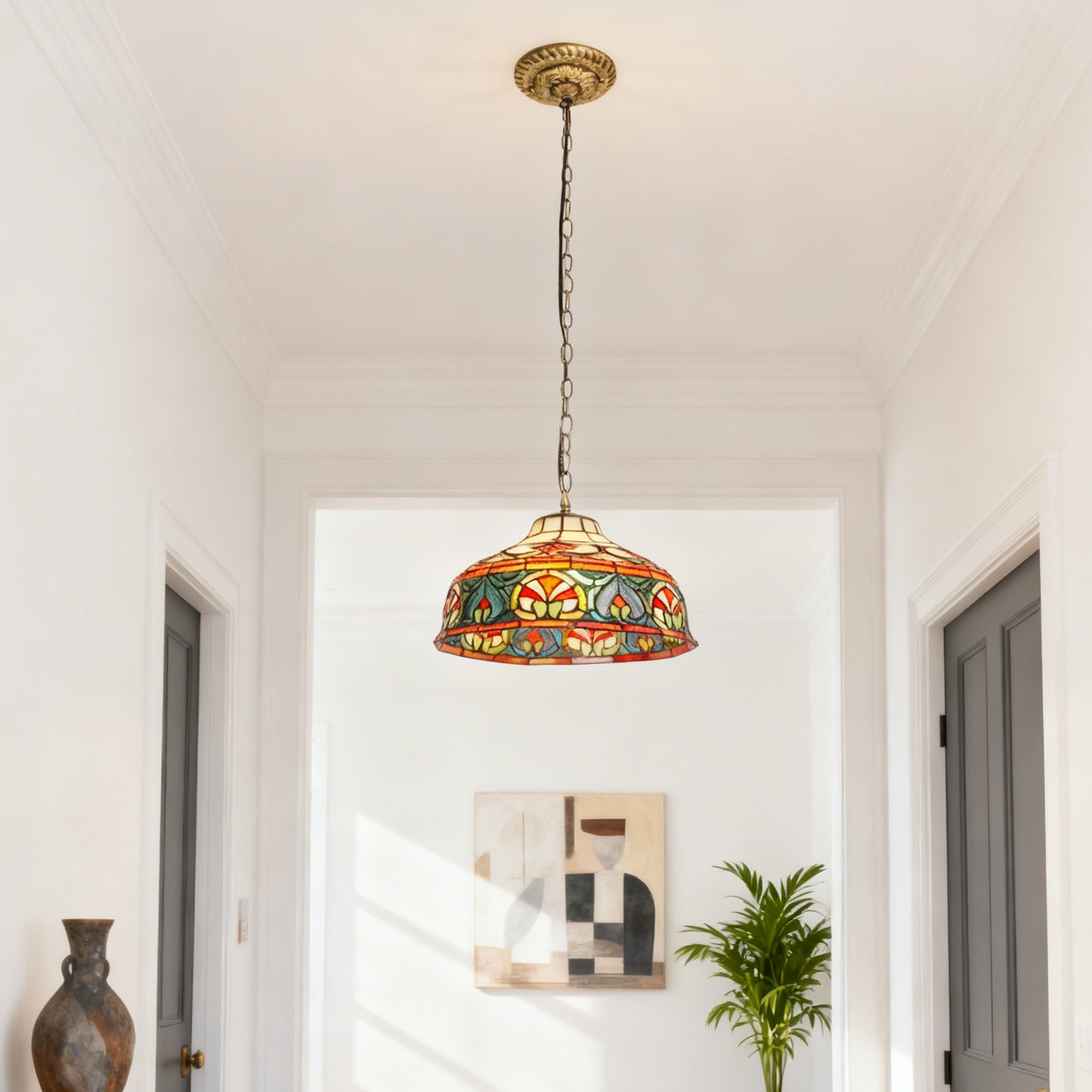 Colorful Geometric Stained Glass Pendant Light - Antique Bronze Adjustable 1-Light E26 Lamp Bulb Not Included