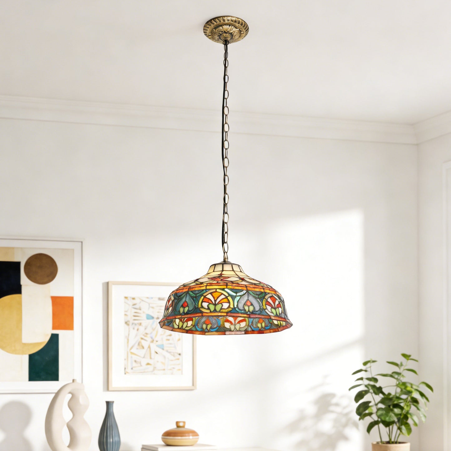 Colorful Geometric Stained Glass Pendant Light - Antique Bronze Adjustable 1-Light E26 Lamp Bulb Not Included