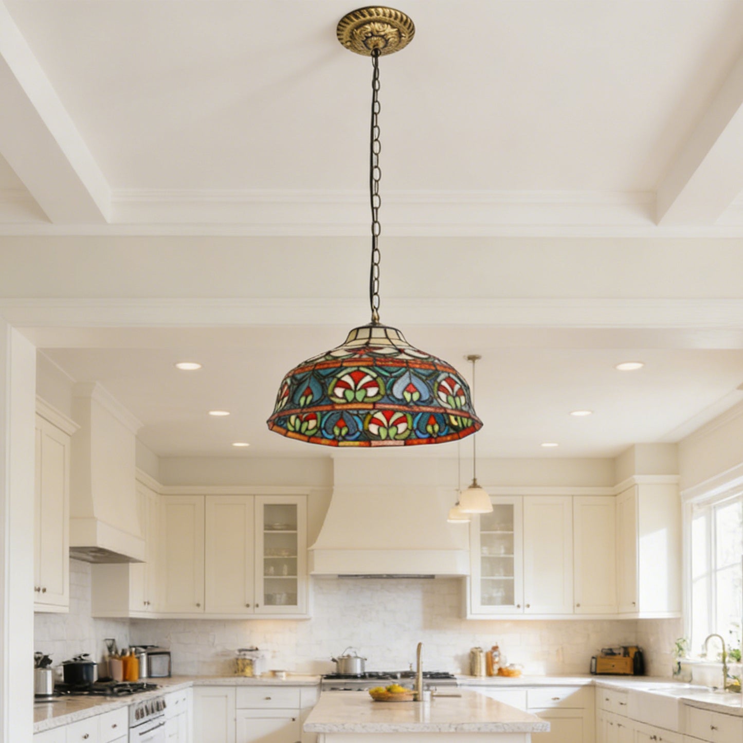 Colorful Geometric Stained Glass Pendant Light - Antique Bronze Adjustable 1-Light E26 Lamp Bulb Not Included