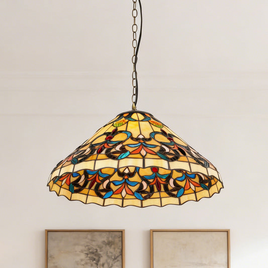 Colorful Scroll Stained Glass Pendant Light - Antique Bronze Adjustable 1-Light E26 Lamp Bulb Not Included