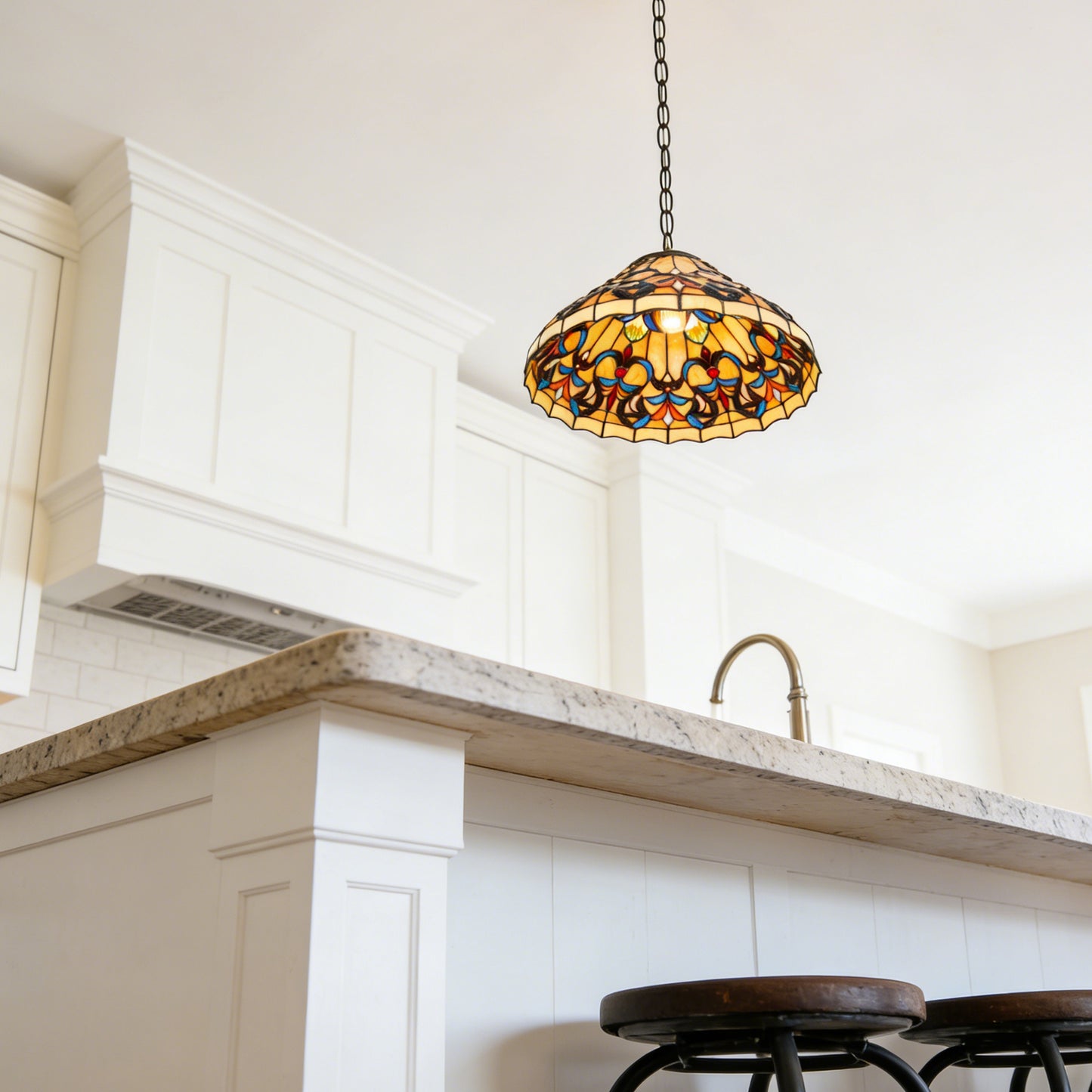 Colorful Scroll Stained Glass Pendant Light - Antique Bronze Adjustable 1-Light E26 Lamp Bulb Not Included