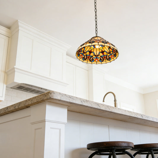 Colorful Scroll Stained Glass Pendant Light - Antique Bronze Adjustable 1-Light E26 Lamp Bulb Not Included