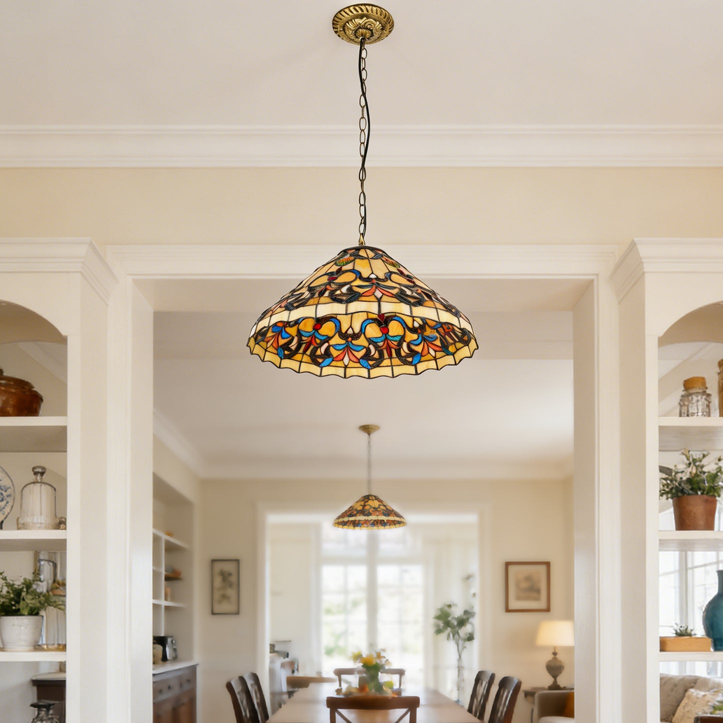 Colorful Scroll Stained Glass Pendant Light - Antique Bronze Adjustable 1-Light E26 Lamp Bulb Not Included