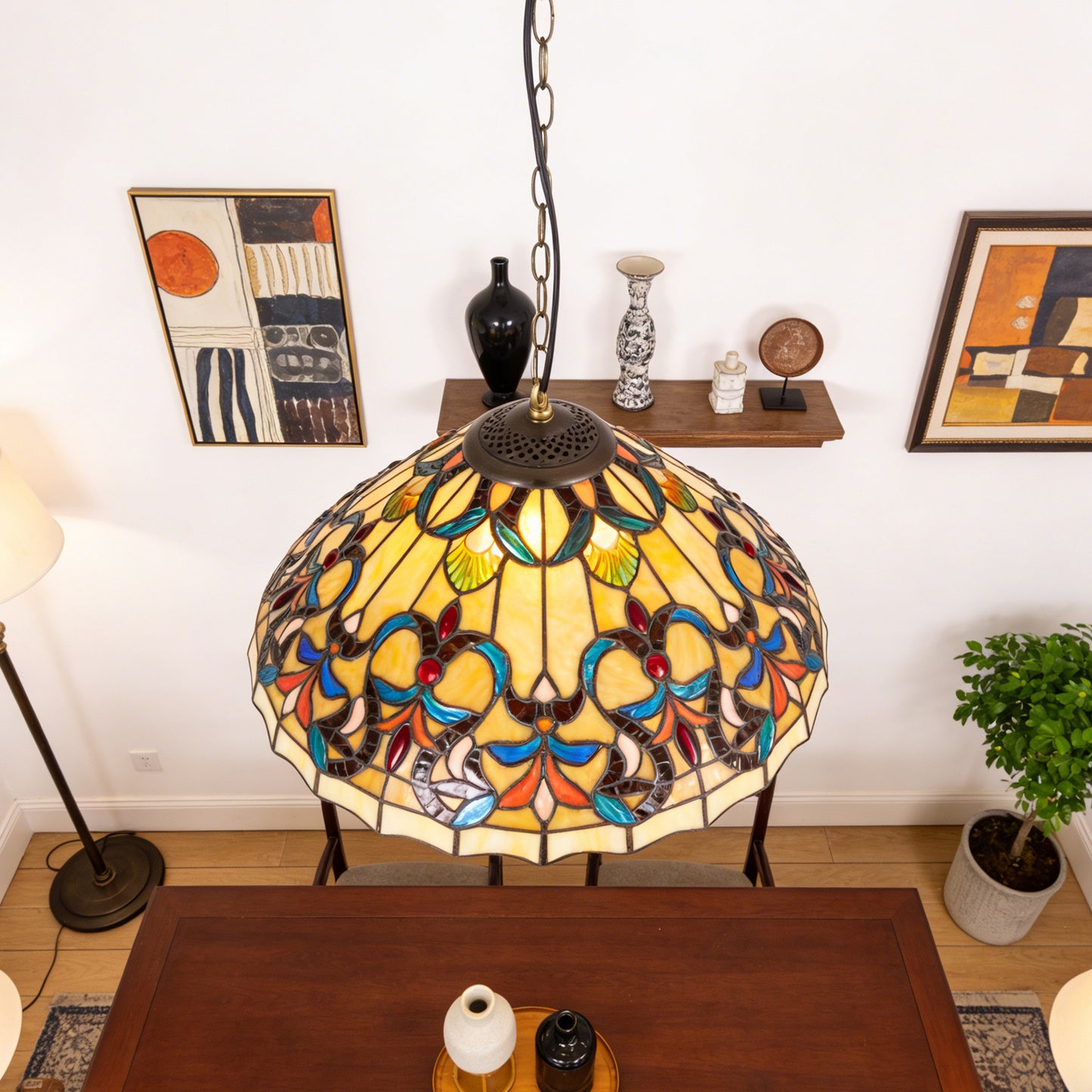Colorful Scroll Stained Glass Pendant Light - Antique Bronze Adjustable 1-Light E26 Lamp Bulb Not Included