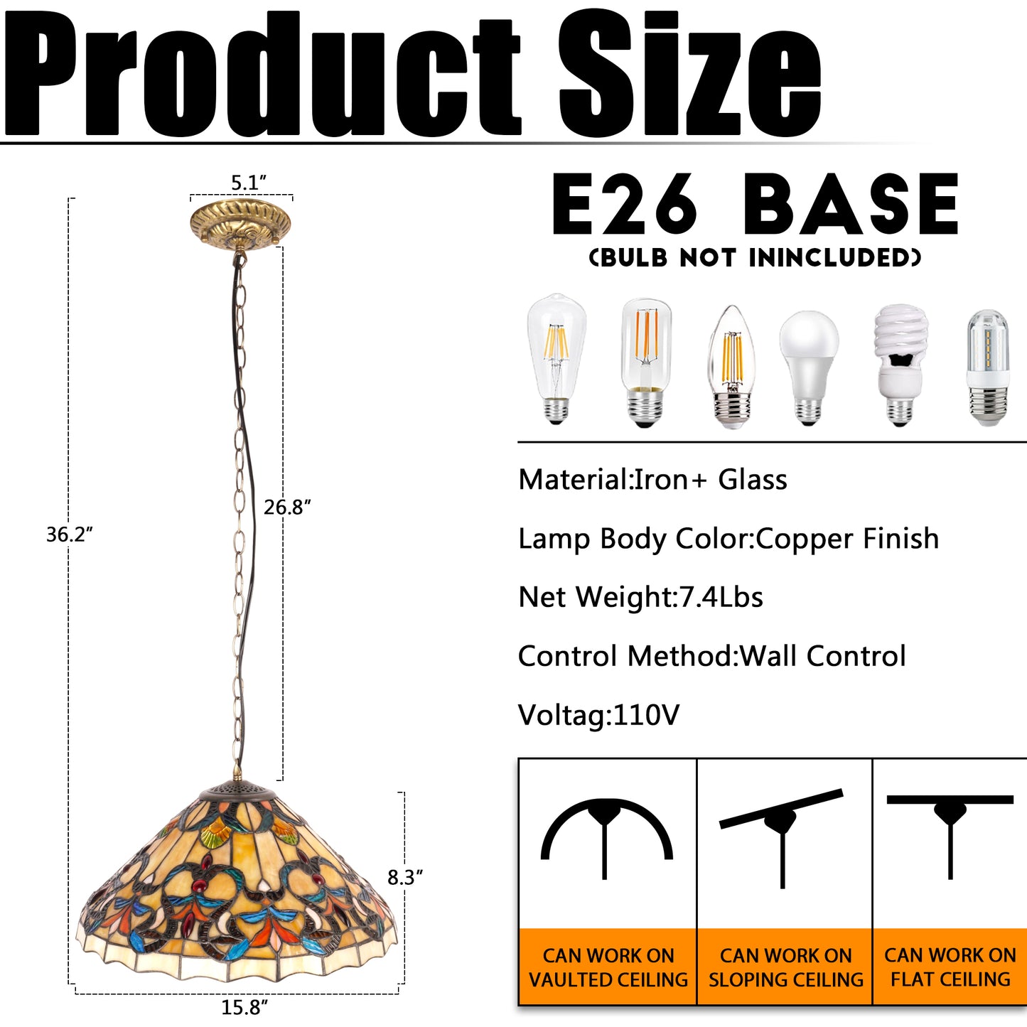 Colorful Scroll Stained Glass Pendant Light - Antique Bronze Adjustable 1-Light E26 Lamp Bulb Not Included