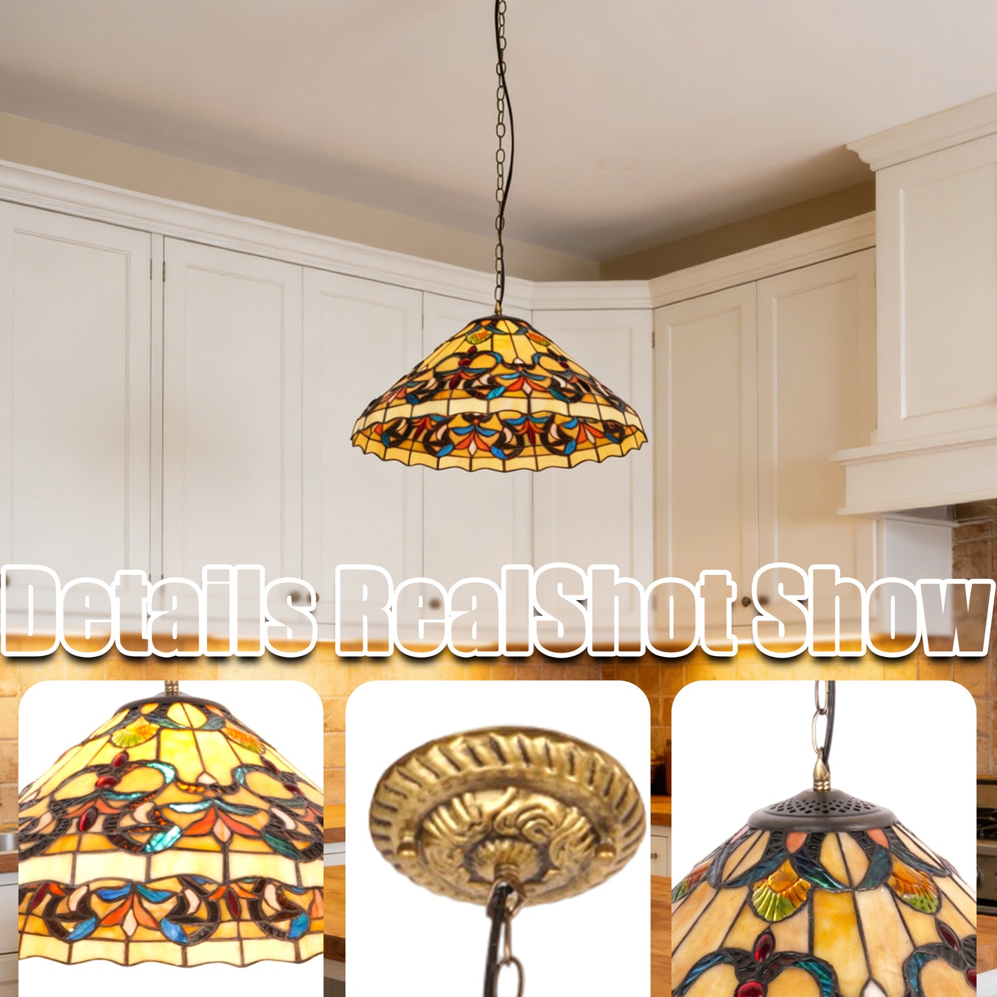 Colorful Scroll Stained Glass Pendant Light - Antique Bronze Adjustable 1-Light E26 Lamp Bulb Not Included
