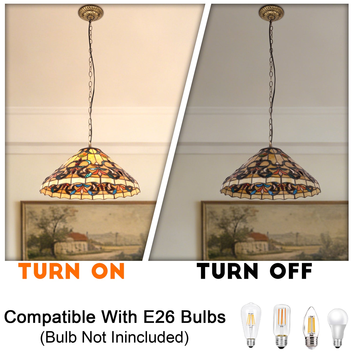 Colorful Scroll Stained Glass Pendant Light - Antique Bronze Adjustable 1-Light E26 Lamp Bulb Not Included