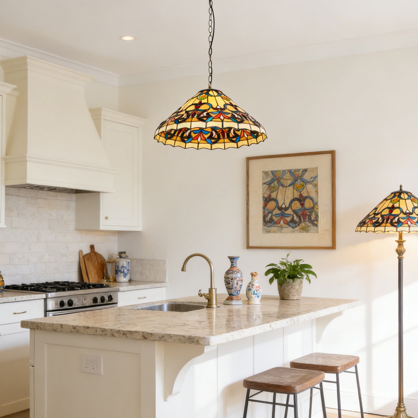 Colorful Scroll Stained Glass Pendant Light - Antique Bronze Adjustable 1-Light E26 Lamp Bulb Not Included
