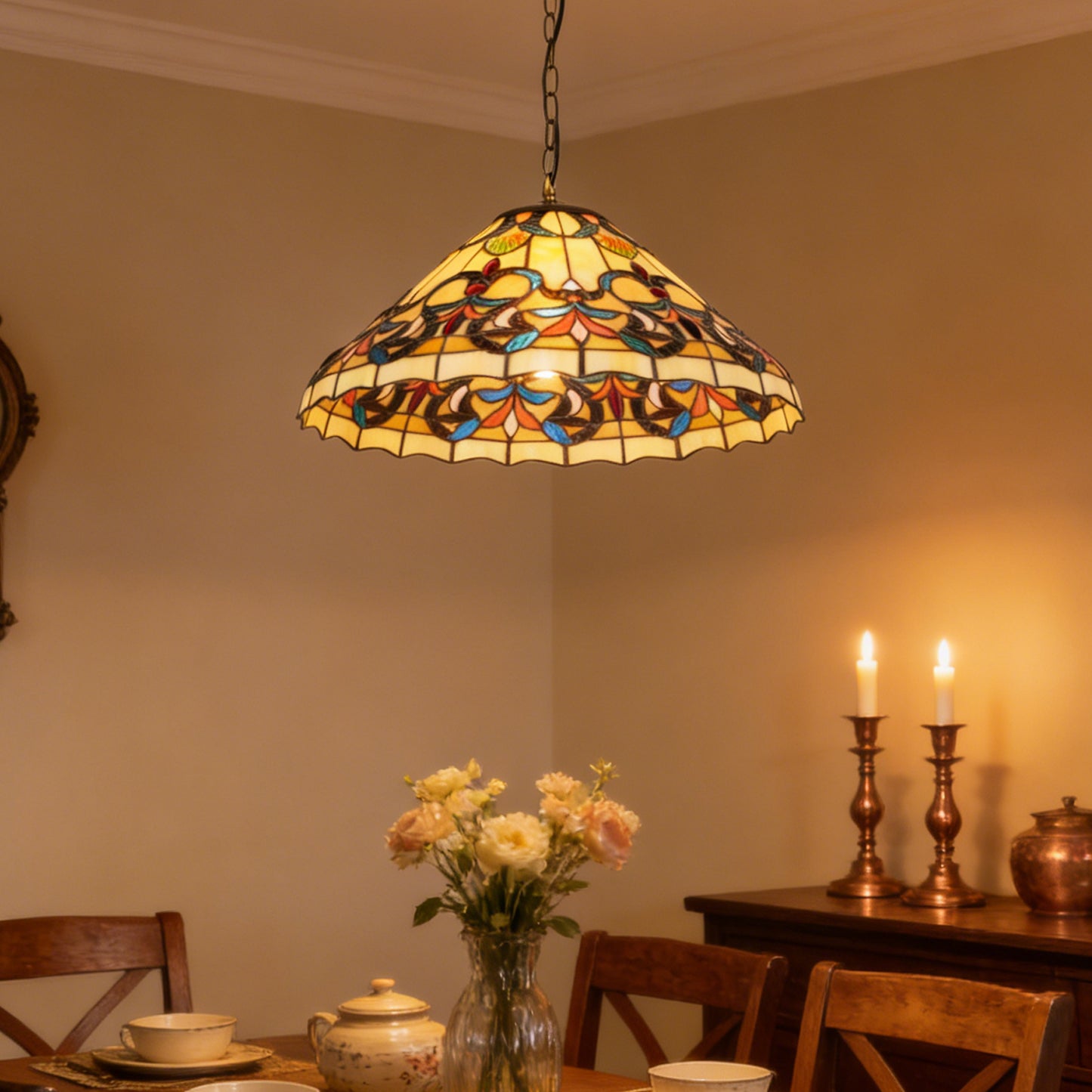 Colorful Scroll Stained Glass Pendant Light - Antique Bronze Adjustable 1-Light E26 Lamp Bulb Not Included