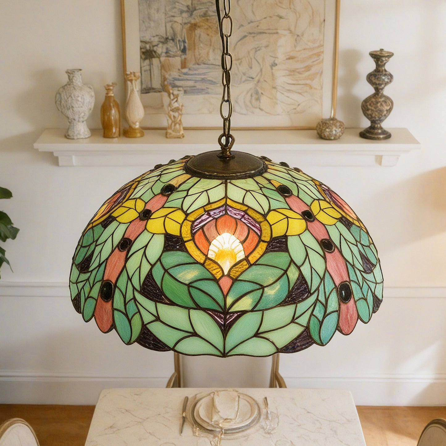 Peacock Feather Leaf Stained Glass Pendant Light - Antique Copper Adjustable 1-Light E26 Lamp Bulb Not Included
