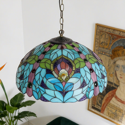 Peacock Feather Leaf Stained Glass Pendant Light - Antique Copper Adjustable 1-Light E26 Lamp Bulb Not Included