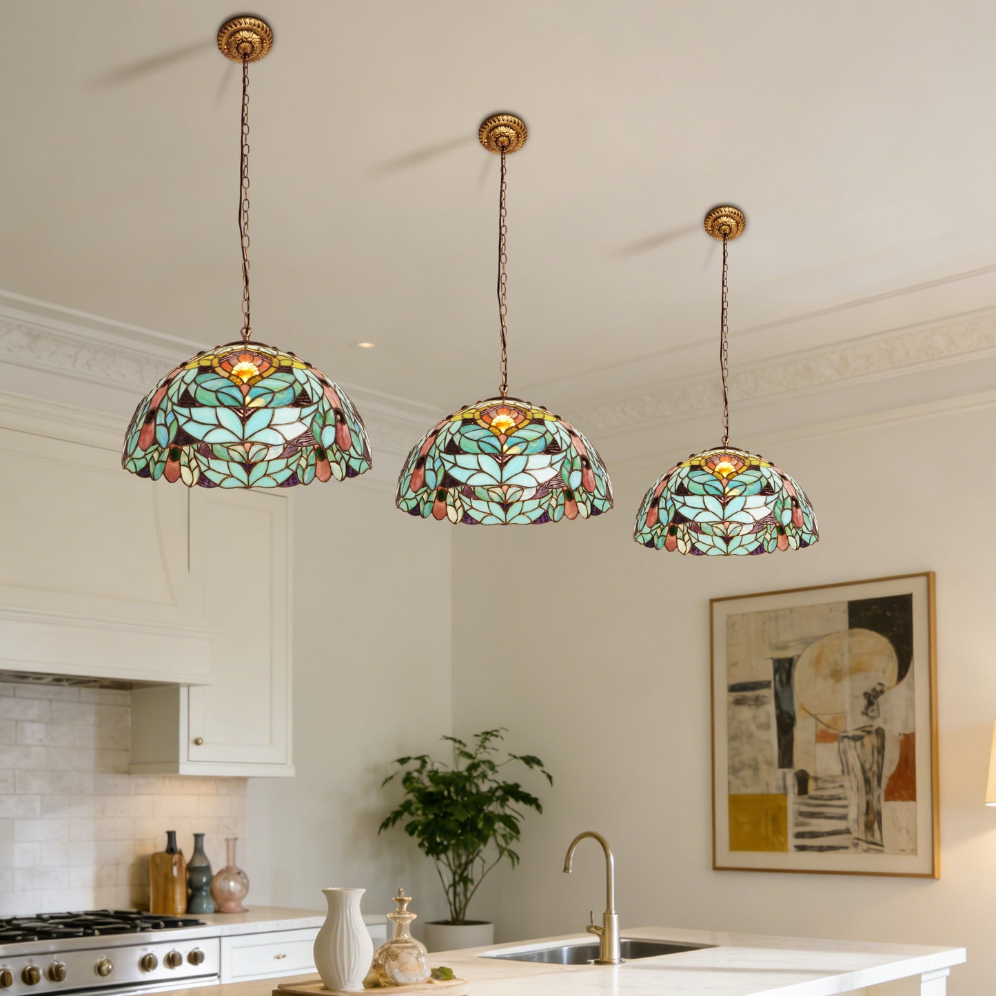 Peacock Feather Leaf Stained Glass Pendant Light - Antique Copper Adjustable 1-Light E26 Lamp Bulb Not Included