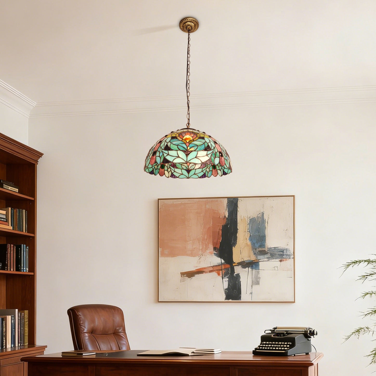 Peacock Feather Leaf Stained Glass Pendant Light - Antique Copper Adjustable 1-Light E26 Lamp Bulb Not Included