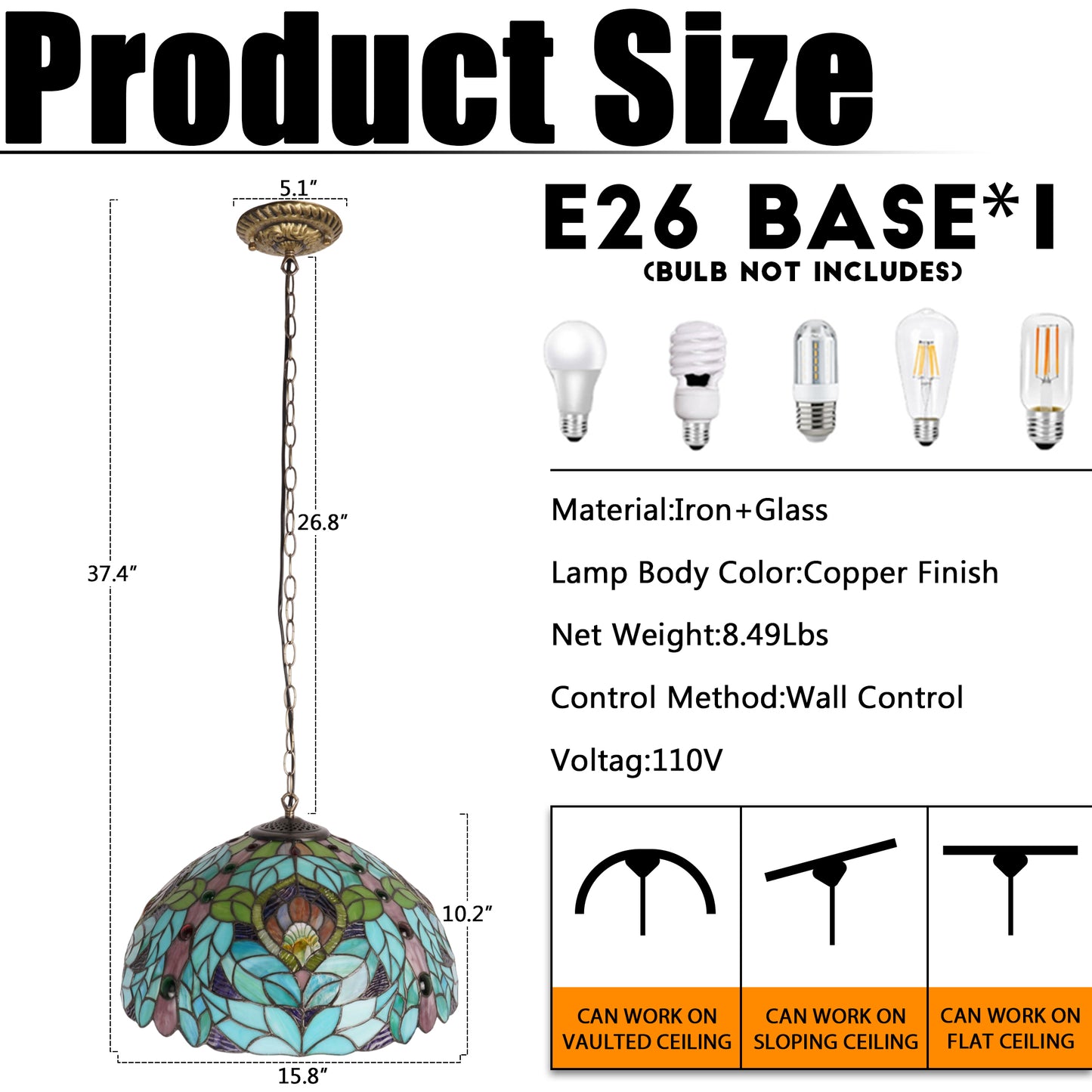 Peacock Feather Leaf Stained Glass Pendant Light - Antique Copper Adjustable 1-Light E26 Lamp Bulb Not Included