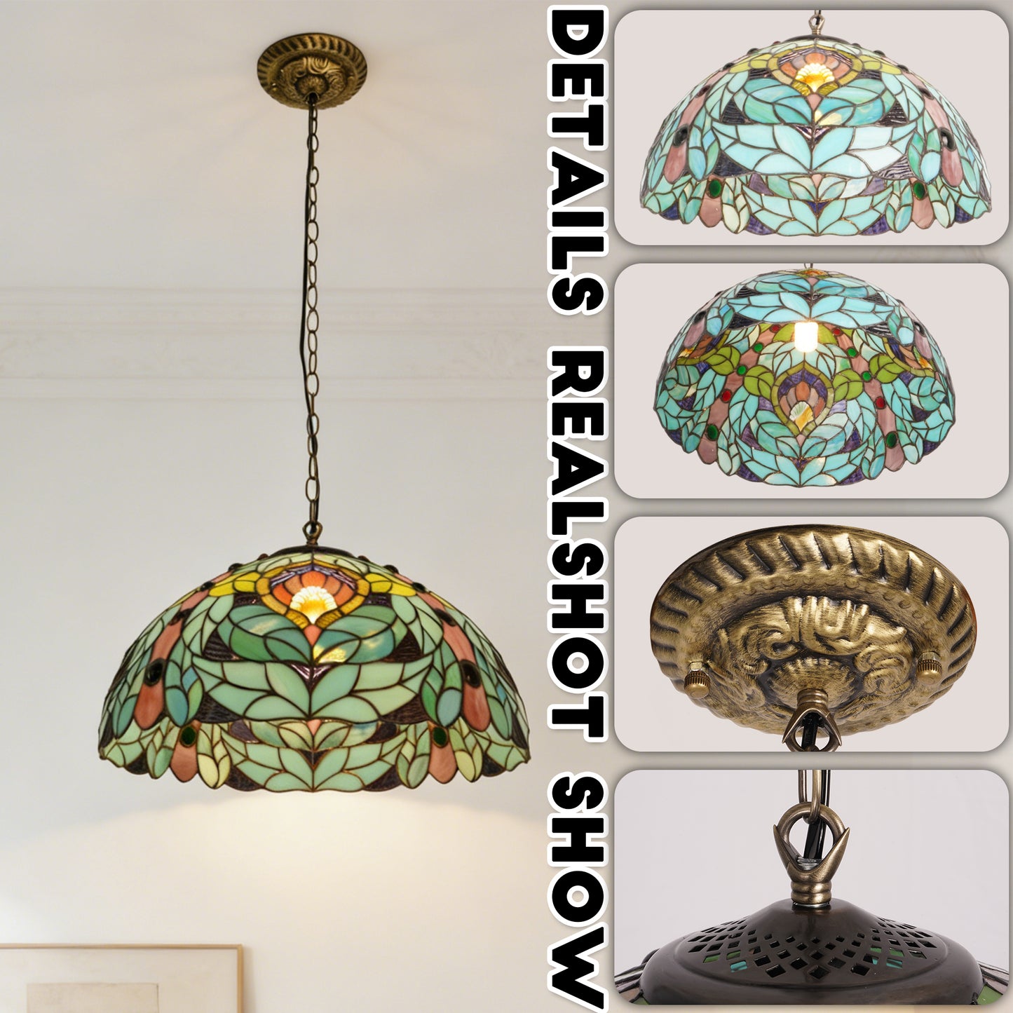 Peacock Feather Leaf Stained Glass Pendant Light - Antique Copper Adjustable 1-Light E26 Lamp Bulb Not Included