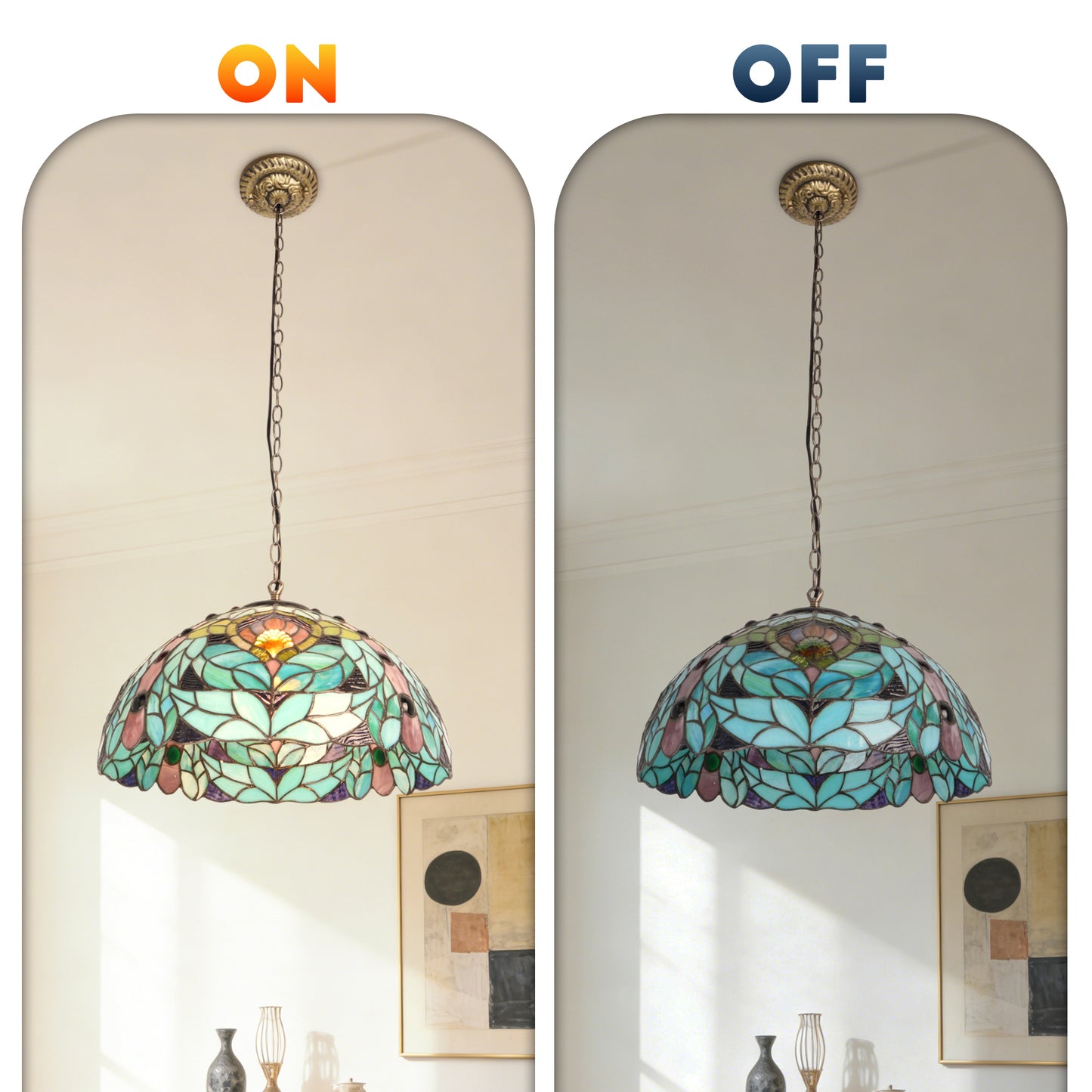 Peacock Feather Leaf Stained Glass Pendant Light - Antique Copper Adjustable 1-Light E26 Lamp Bulb Not Included