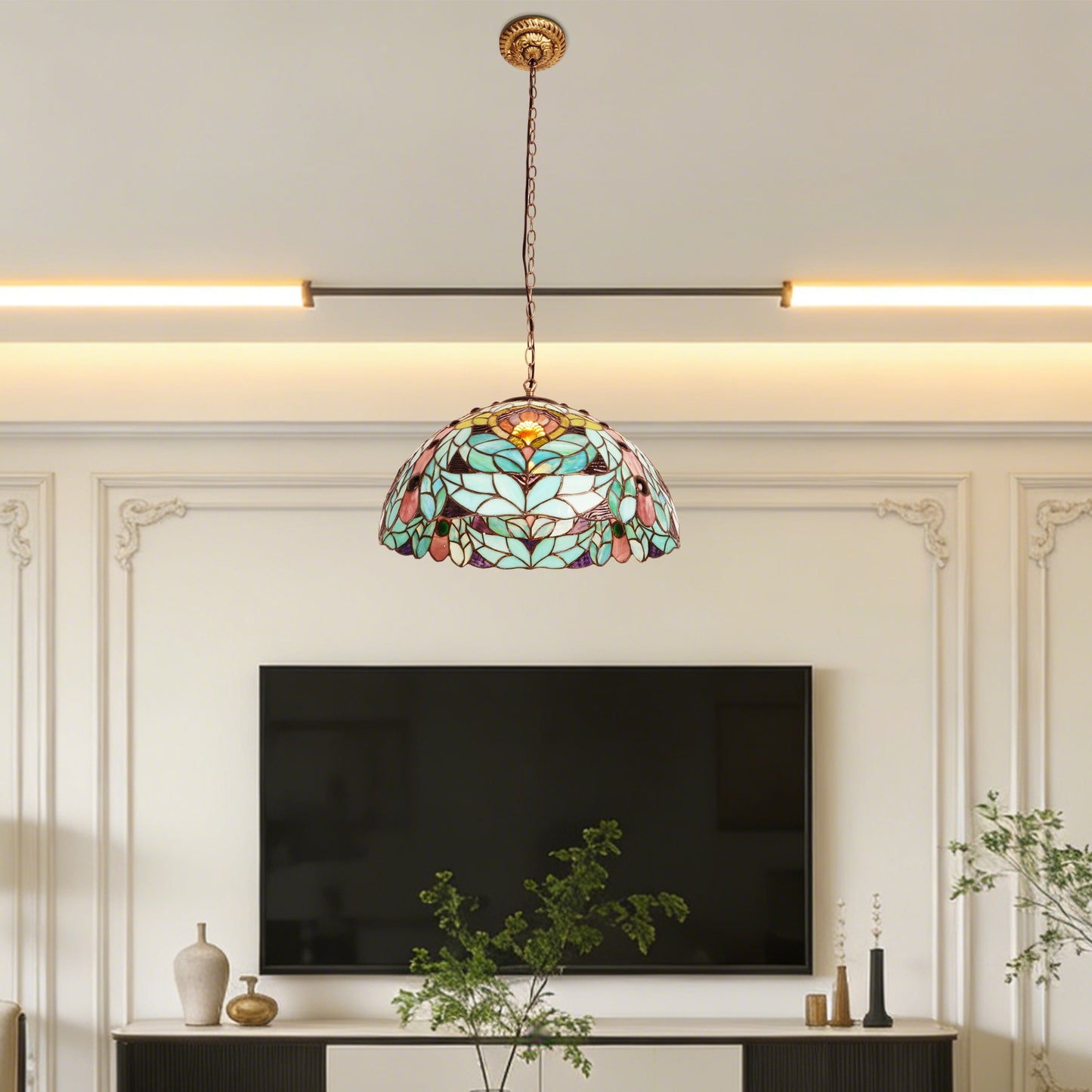 Peacock Feather Leaf Stained Glass Pendant Light - Antique Copper Adjustable 1-Light E26 Lamp Bulb Not Included