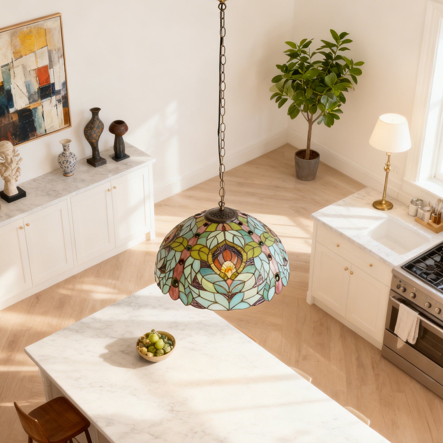 Peacock Feather Leaf Stained Glass Pendant Light - Antique Copper Adjustable 1-Light E26 Lamp Bulb Not Included